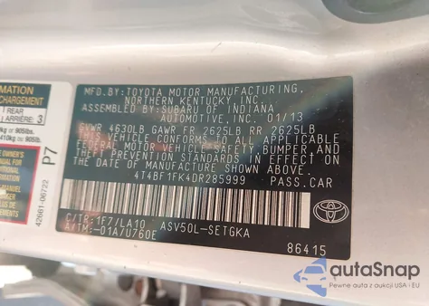 2013 Toyota Camry Xle z USA, uszkodzony, nr VIN 4T4BF1FK4DR285999